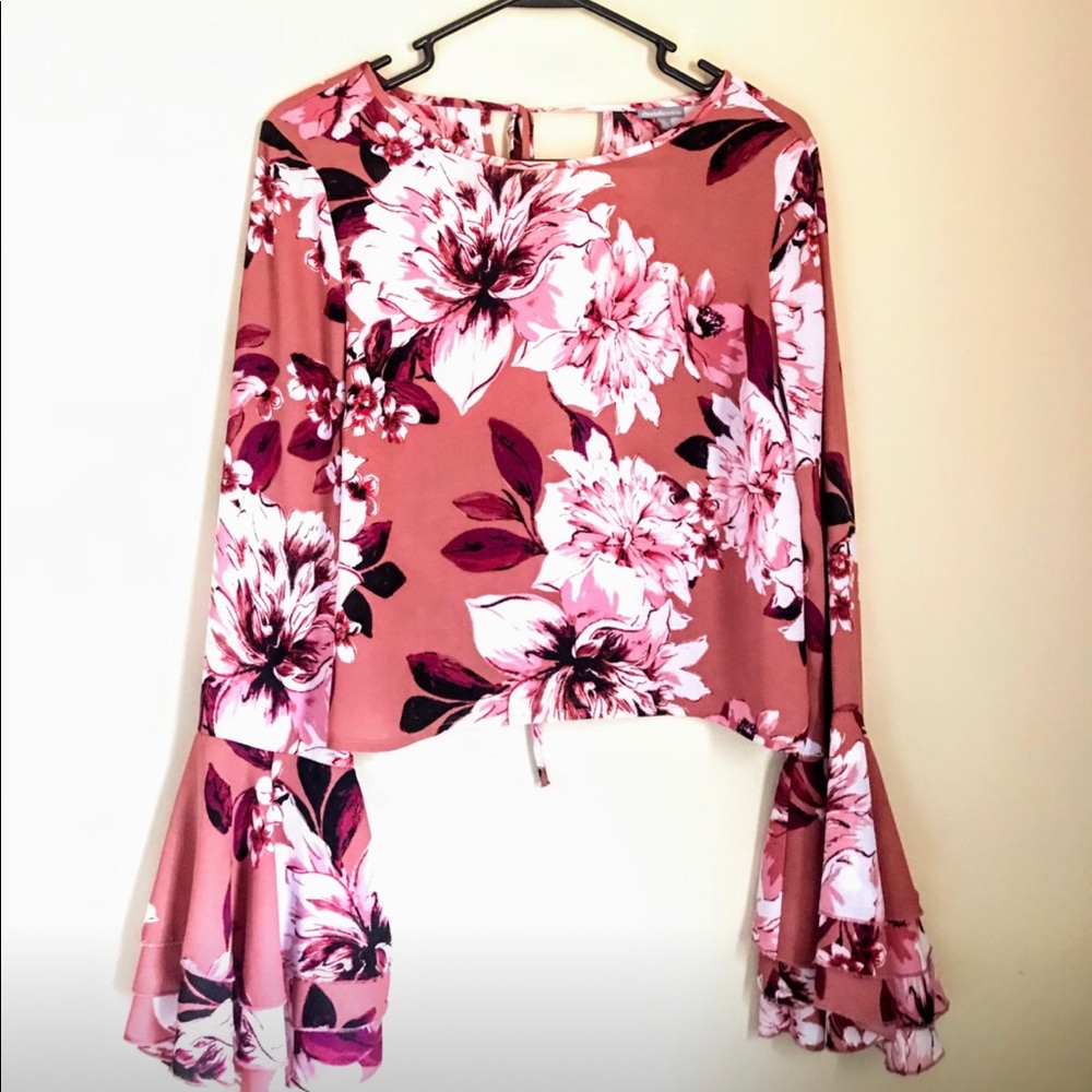 Pink Floral Bell Sleeve Blouse